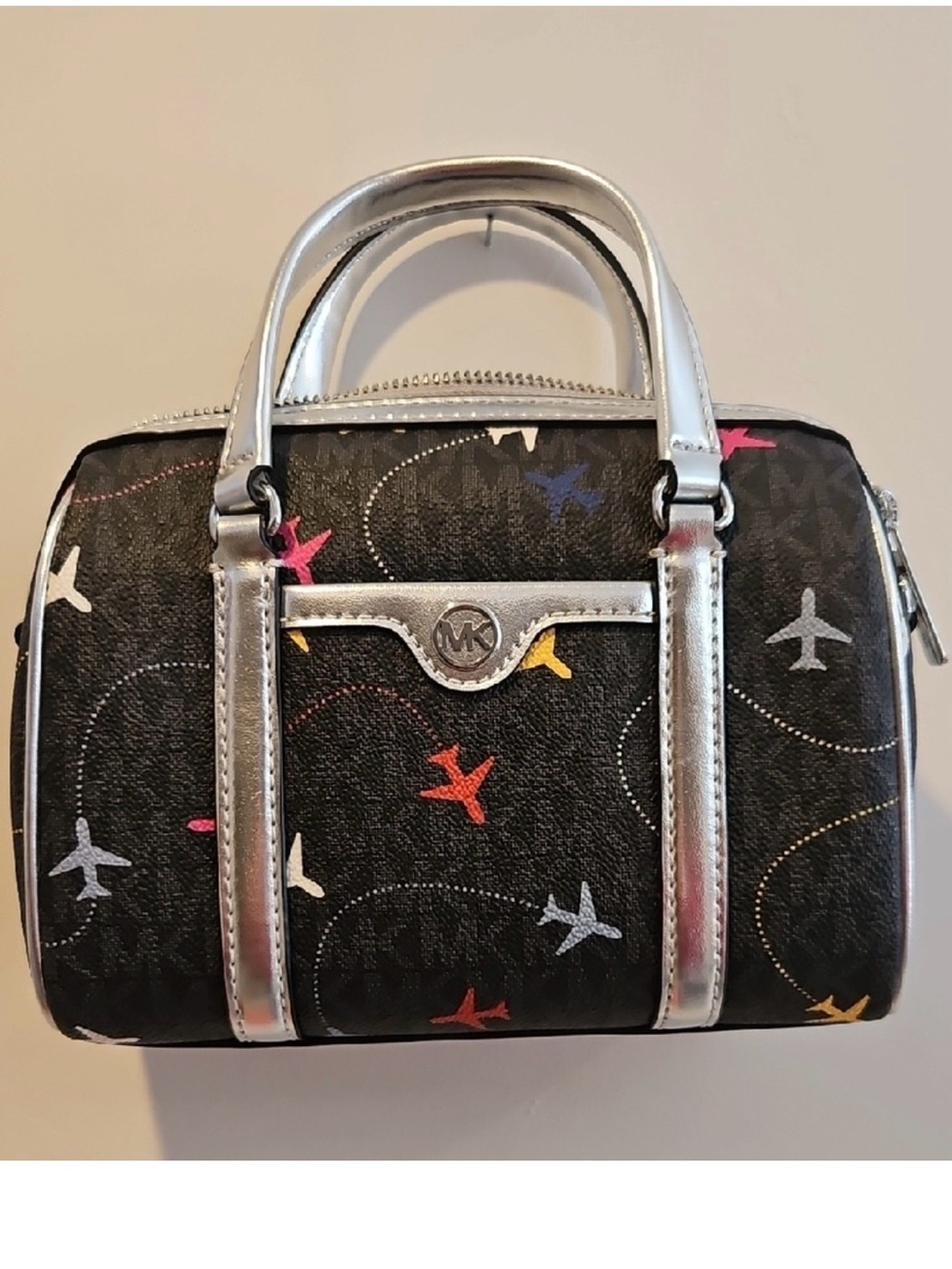 Michael Kors Black Mini Satchel with Silver Trim and Multicolor Airplane Print